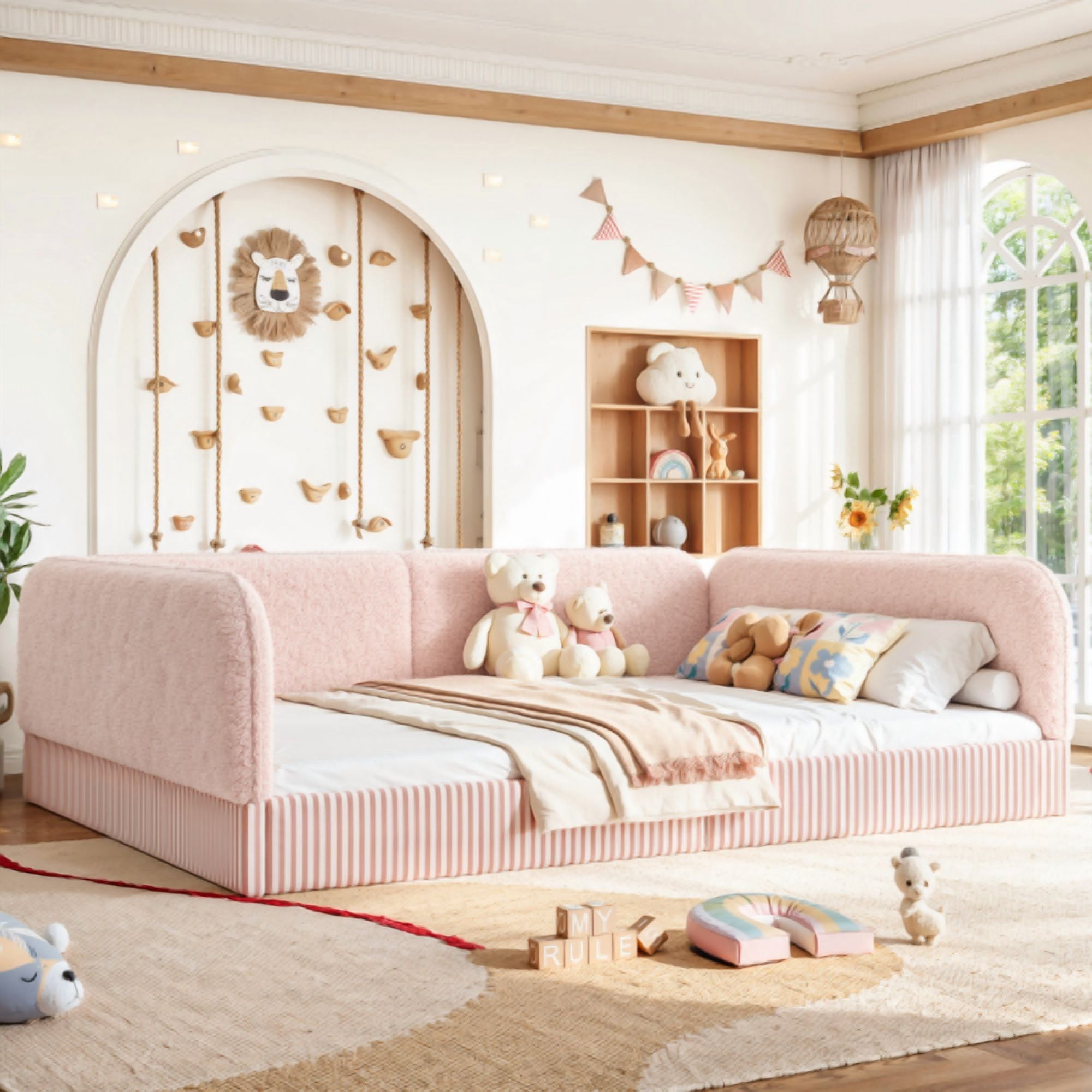 Queen Size Upholstered Teddy Fleece Floor Bed Frame, Half-Enclosed Montessori Low Profile Platform Bed with Full-Perimeter Guardrails for Kids, Pink