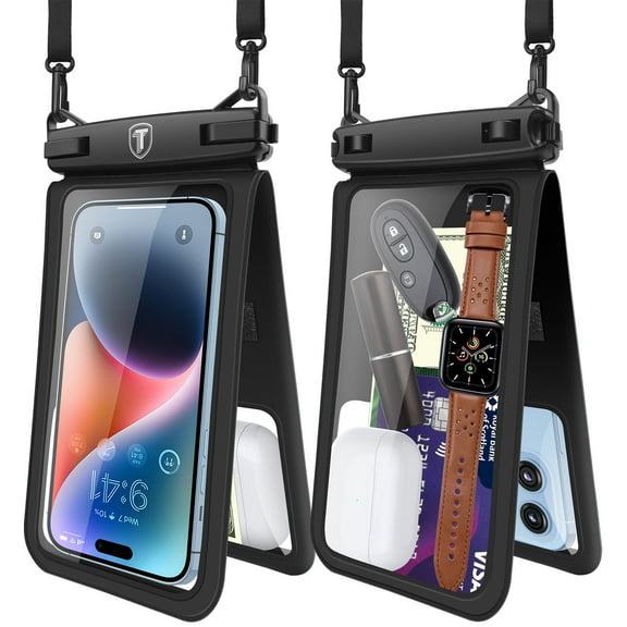 Njjex Large Waterproof Phone Lanyard Case - 1 Pack, Double Space Waterproof Phone Case with iPhone 14/13/12/11 Pro Max/Pro/8 Plus, Galaxy S23/S22/S21/S10/Note 20/10/9 , Dry Bag for Vacation-Black