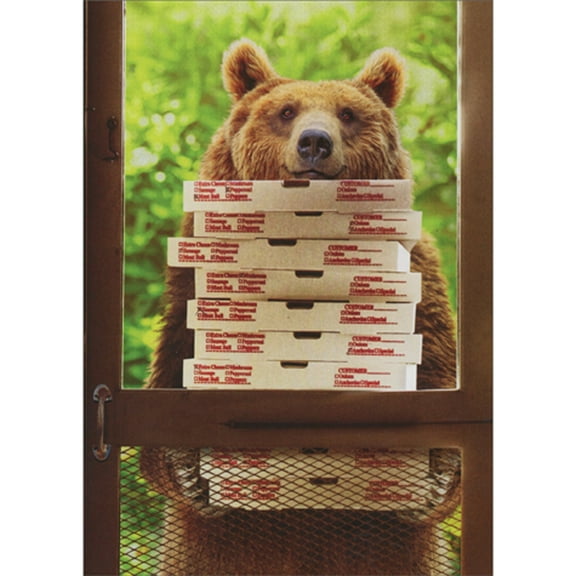Avanti Press Bear Carrying Stack of Pizzas at Screen Door Funny Birthday Card