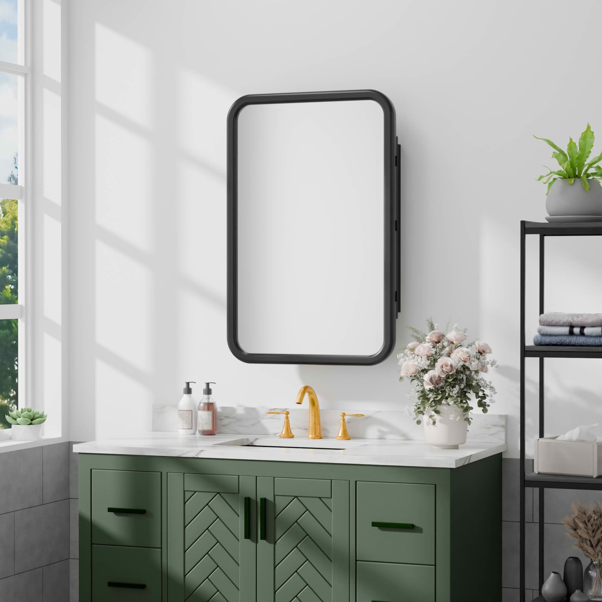 MAYEERTY 30x20x5 Inch Black Metal Round Corner Rectangular Medicine Cabinet for Bathroom