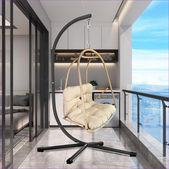 Swing Egg Chair | Indoor Outdoor Patio Use, with Stand, Cushion & Cup Holder | Rattan Metal | Beige Brown