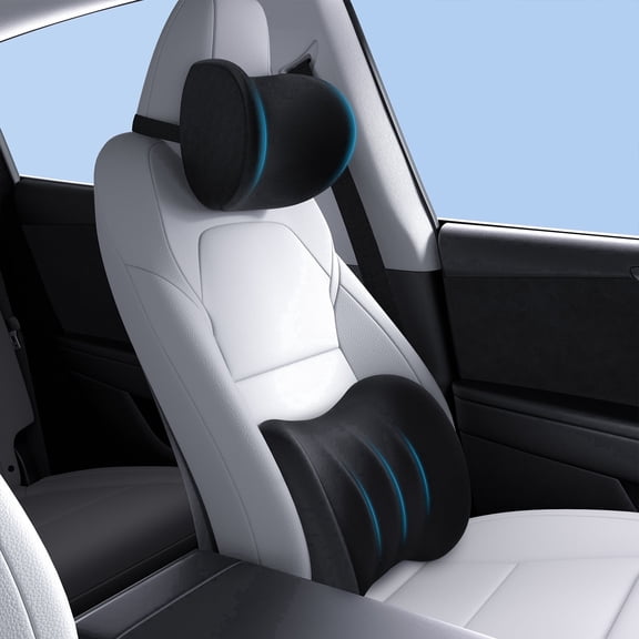 Wigoo Car Neck Pillow and Lumbar Support Pillow for Car Kit [Ergonomic Design, Pressure Relief] Soft Car Headrest Pillow Back Cushion with Adjustable Strap, Fits All Vehicles (Black)
