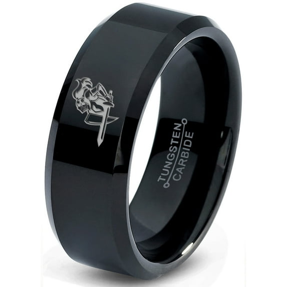 Tungsten Armor Shield Sword Knight Band Ring 8mm Men Women Comfort Fit Black Beveled Edge Polished