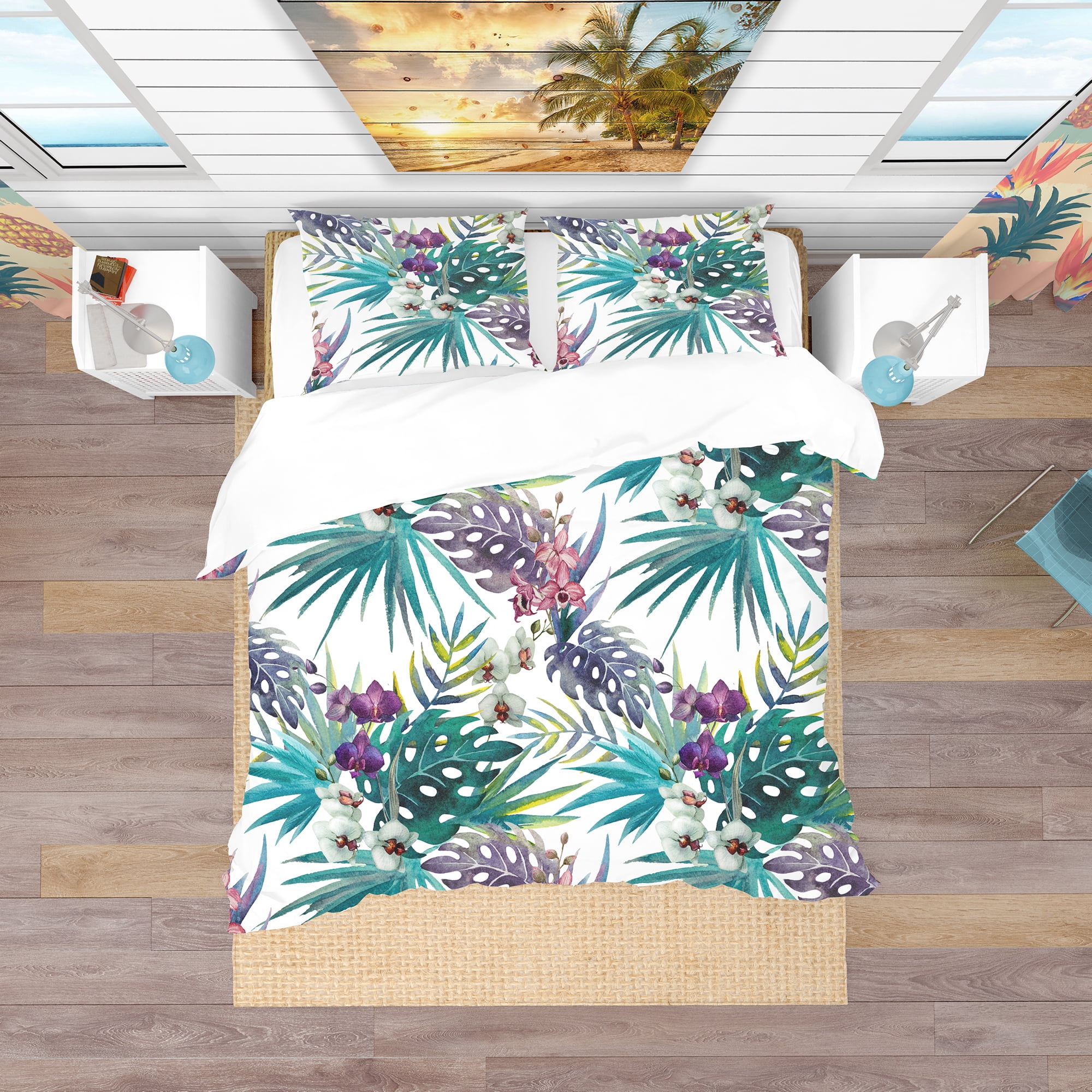 Designart 'Pattern Orchid Hibiscus Leaves Watercolor Tropics' Tropical Duvet Cover Set