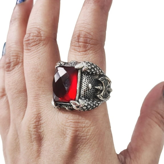 Red Garnet Ring, Silver Jewelry, 925 Silver Ring, Father's Day, Checker Garnet Axe Ring, January Birthstone Ring, Heavy Mens Ring, Spiritual Healing Gemstone, Christmas, Designer Mens Ring