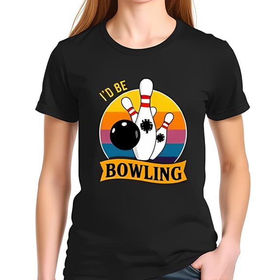 Retro Bowling Graphic Cotton Short Sleeve T-Shirt - Features 3 Bowling Ball & Sunset Design with 'I'd be bowling' Text
