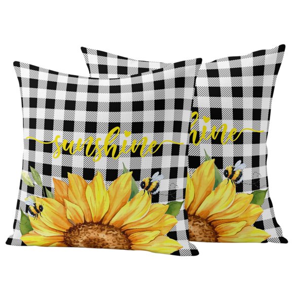 Outdoor Pillow Covers 26x26 Set of 2, Sunflowers Waterproof Patio Throw Pillow Covers for Couch Sofa Chair, Black White Check Sunshine Buffalo Bee Decorative Pillowcases for Throw Pillows