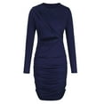 thumbnail image 5 of Fall Dresses for Women Crewneck Cutout Solid Color Long Sleeve Dress Ruched Slim Fit Wrap Mini Pencil Dress, 5 of 7