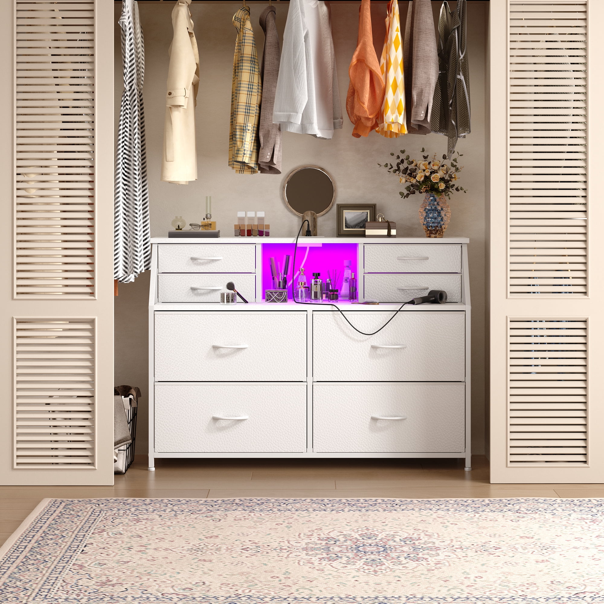 Romorgniz Dresser for Bedroom with 8 Fabric Drawers White Dresser with LED Lights & Charging Station & Open Shelf for Living Room and Entryway