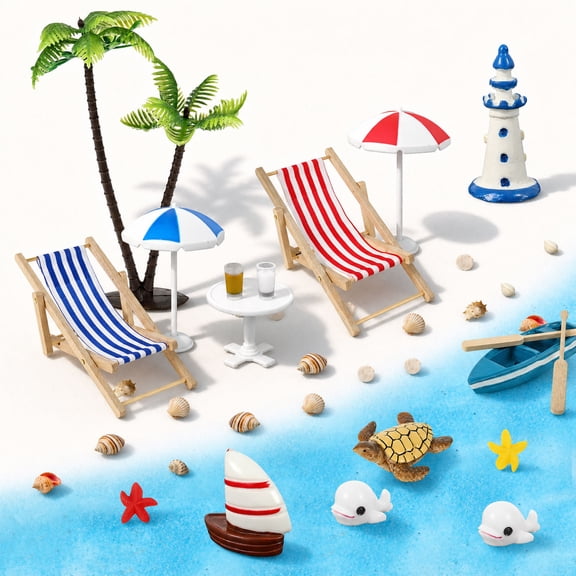 Threns 33 Pcs Miniature Summer Beach Accessories, Mini Beach Micro Landscape Kit Umbrella Tree Sea Miniature Figurine DIY Fairy Garden Aquarium Cake Decor Craft Ornament Set