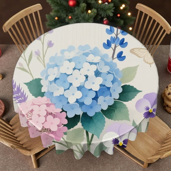Tablecloth for dining table - Pink Hydrangea Flower Butterfly Print, 2D Flat Printing Polyester Tablecloths Tablecloth for dining table round, Cafe, dinner, brunch, buffet, picnic, 60x60 Inch