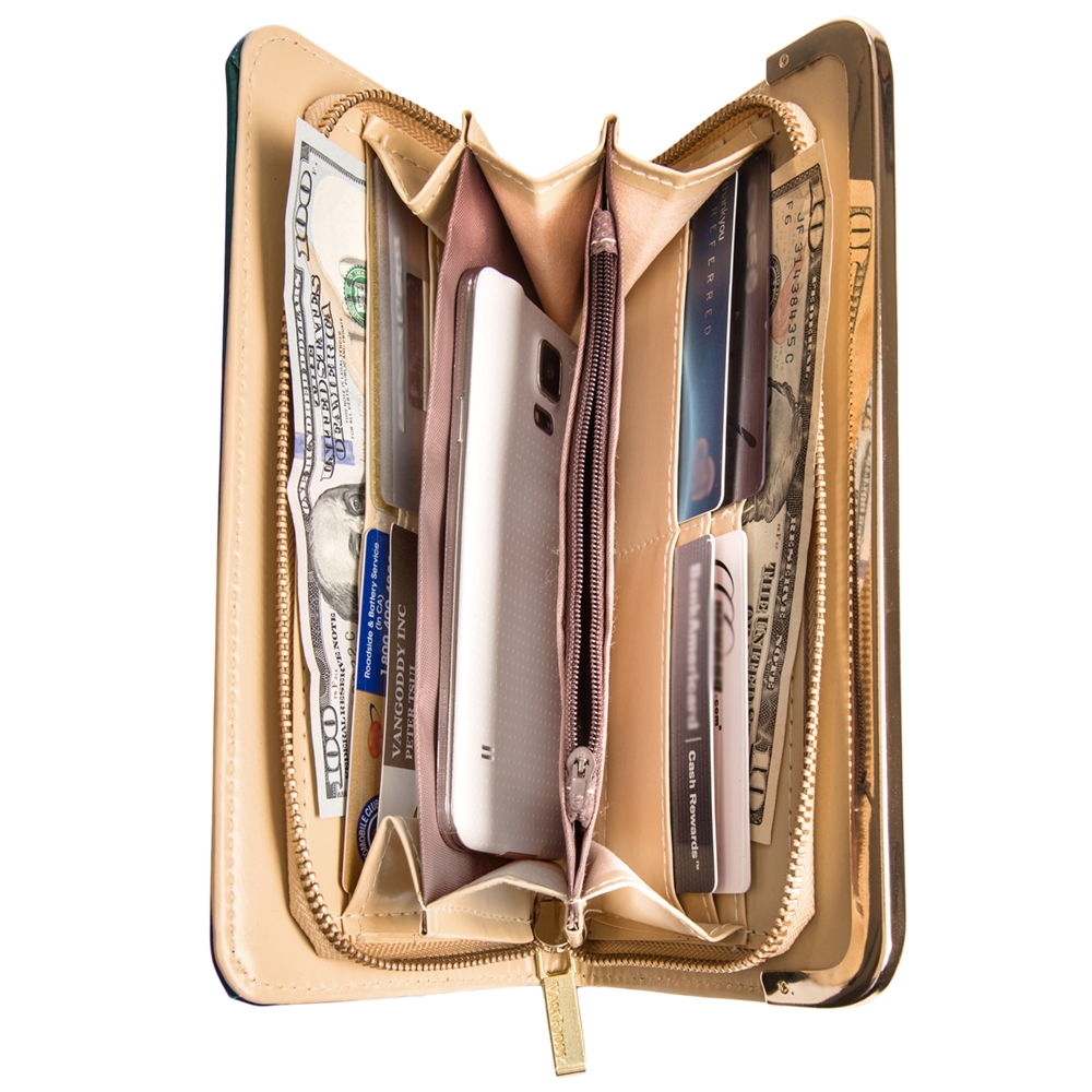 Women's Teal Striped Patent Leather Wallet with Card Holder Organizers and Convertible Golden Chain Wristlet