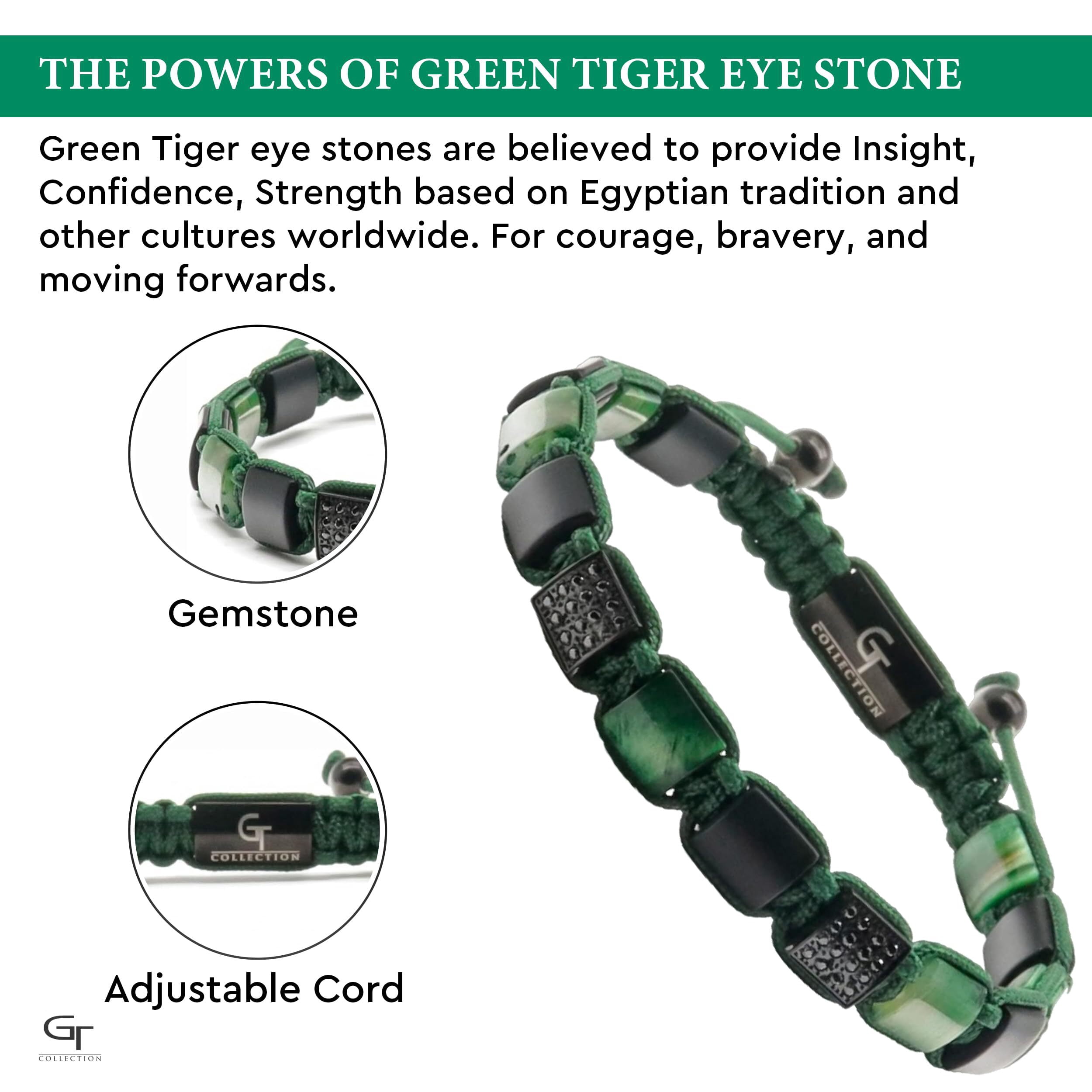 Men's GREEN TIGER EYE, BLACK ONYX Flat Bead Bracelet | Gift for Men | One Size Fits All | 100% Natural | Gemstone Adjustable Bracelet
