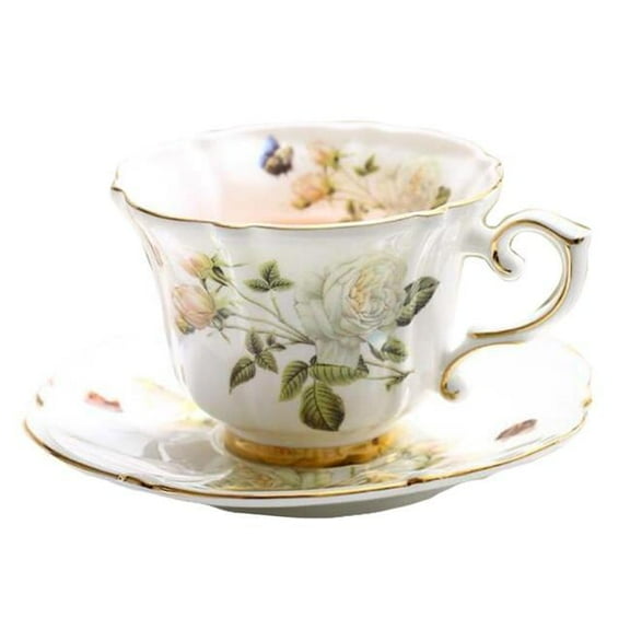 Panda Superstore  7.4 oz White Rose European Style Porcelain Tea Cup & Saucer Set for Afternoon Tea, Multi Color