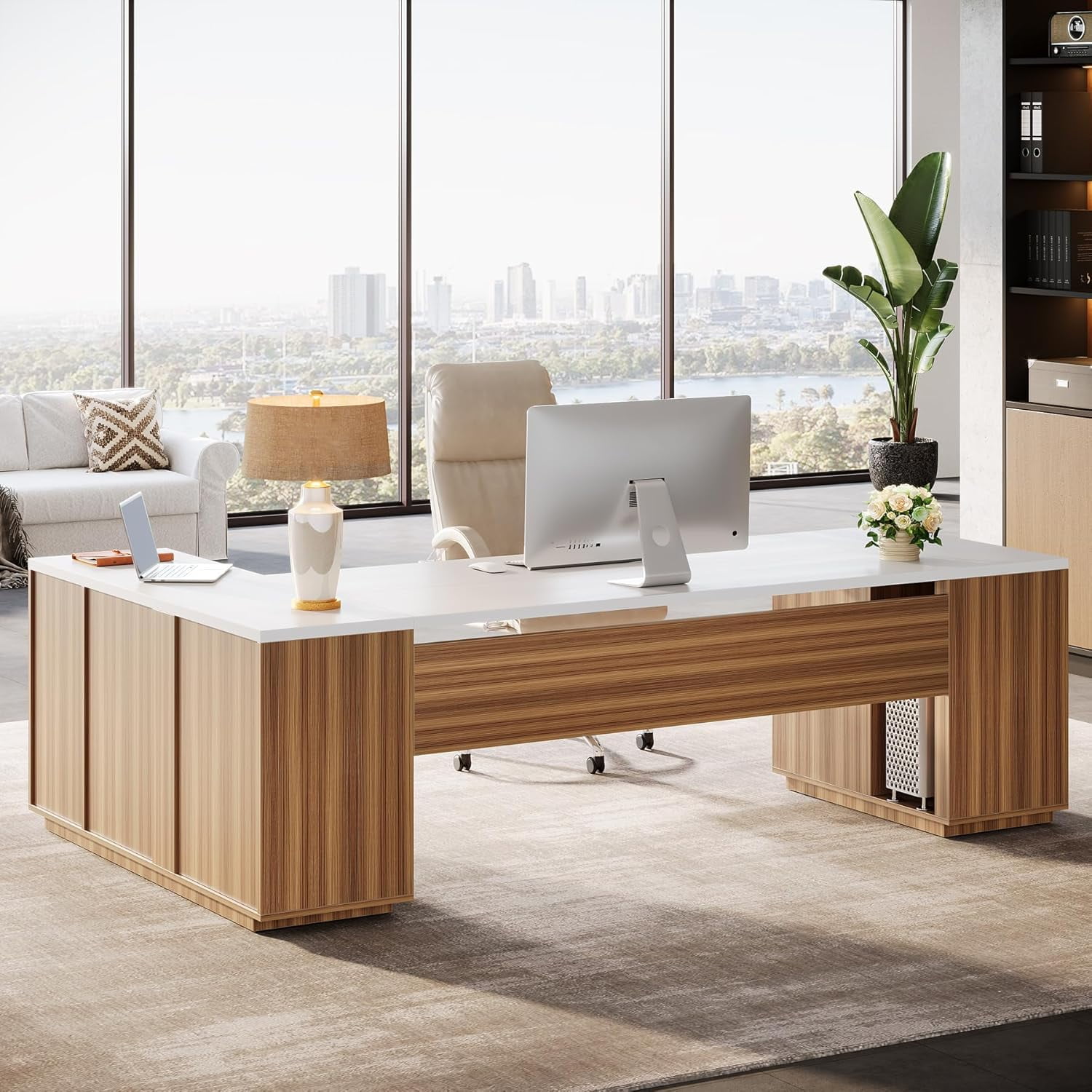 Tribesigns 85.8" L-Shaped Executive Desk, Extra Large Office Desk with File Drawers, Modern Business Furniture with Door Cabinet, Shelves for Home Office, White & Brown