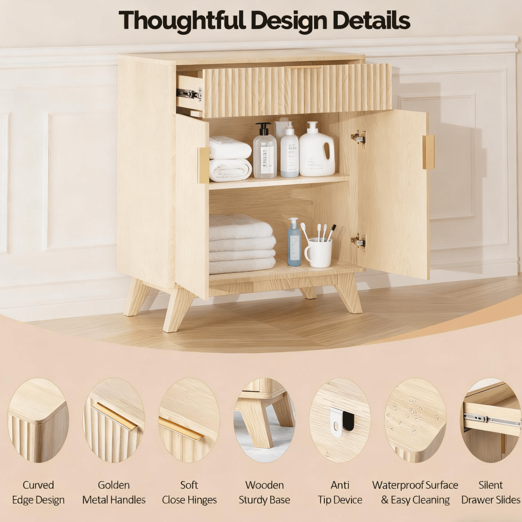 Ktaxon Modern Bathroom Cabinet with 2 Doors & Drawer, Storage Pantry with Adjustable Shelf Bathroom Floor Cupboard Wooden Freestanding for Washing Room