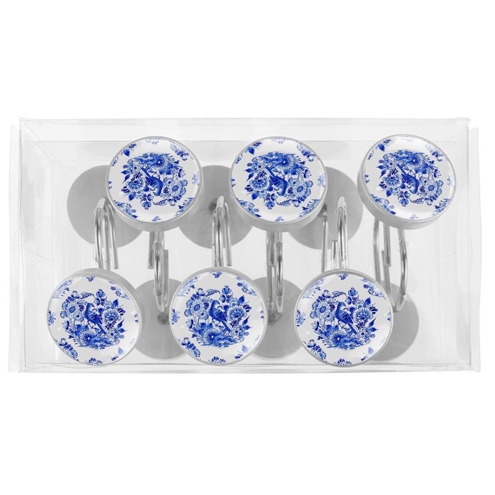 Blue Flower and Bird Shower Curtain Hooks（Set of 12）for Home Hotel Shower Rods Bathroom Crystal Glass Print Stainless Steel Round Curtain Hooks