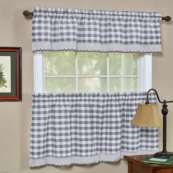 Country Chic Plaid Complete  Kitchen  Curtain Set  Grey 