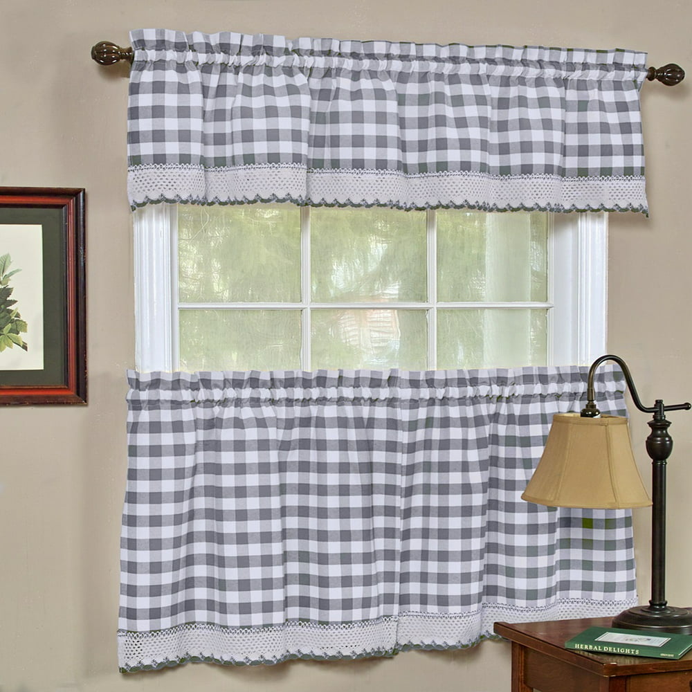 Country Chic Plaid Complete Kitchen Curtain Set - Grey - Walmart.com ...