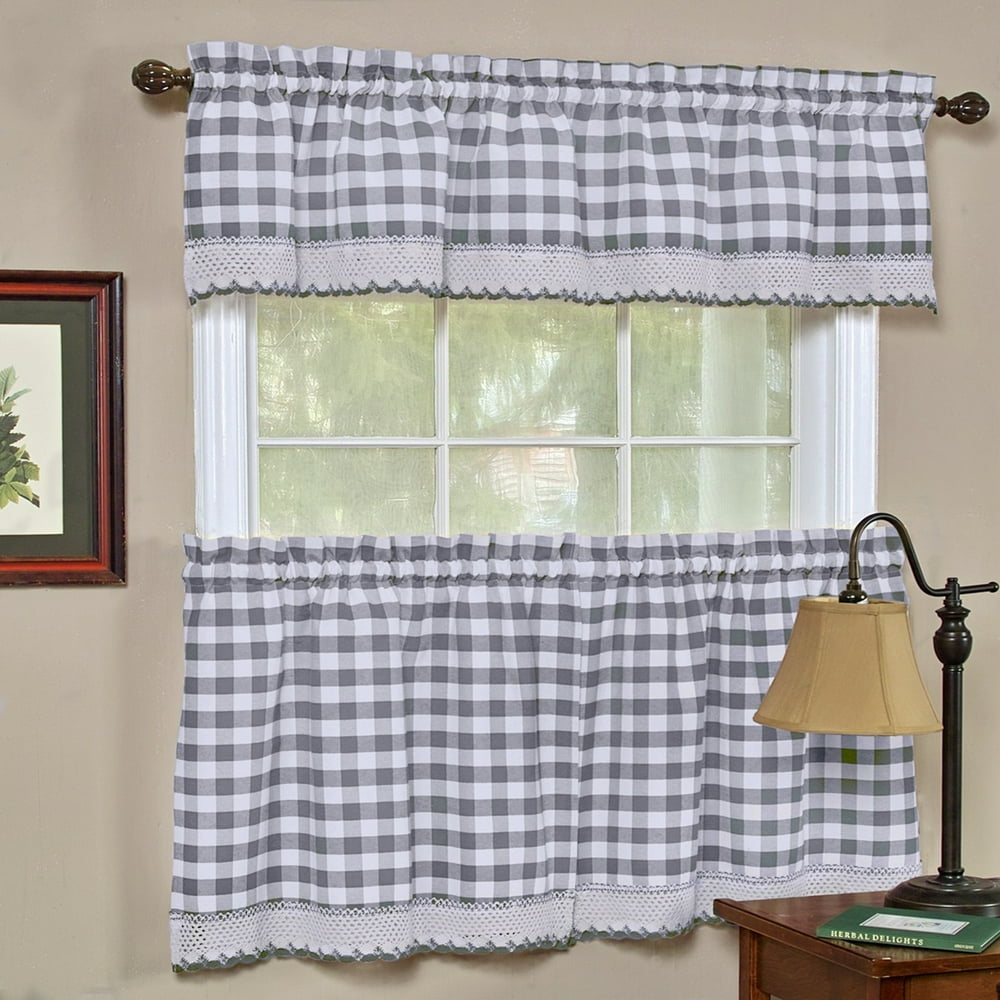 Country Chic Plaid Complete Kitchen Curtain Set Grey