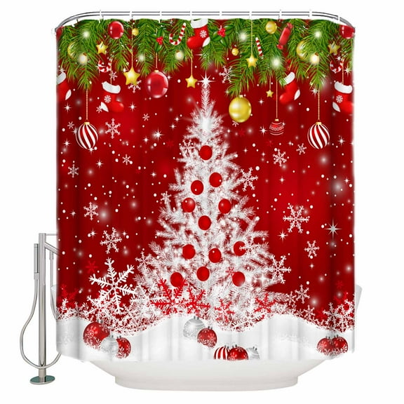 Fabric Shower Curtain, Christmas Farmhouse Xmas Tree Red Ball Snowflake Winter Bathroom Curtain with 12 Hooks Waterproof No Bad Odor Machine Washable Bath Curtains for Bathroom, Spa Room, 72"x78"