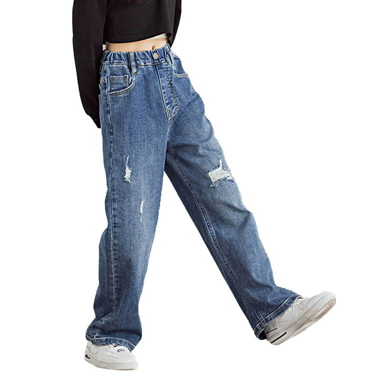 iEFiEL Kids Girls Loose Fit Ripped Denim Pants Casual Wide Leg Distressed  Jeans Blue 9-10 