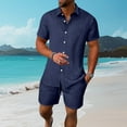 thumbnail image 3 of Hrsba Men Outfits 2 Piece Set, Solid Color Lapel Short Sleeve and Drawstring Elastic Waist Summer Fashion Daily Set, 3 of 5