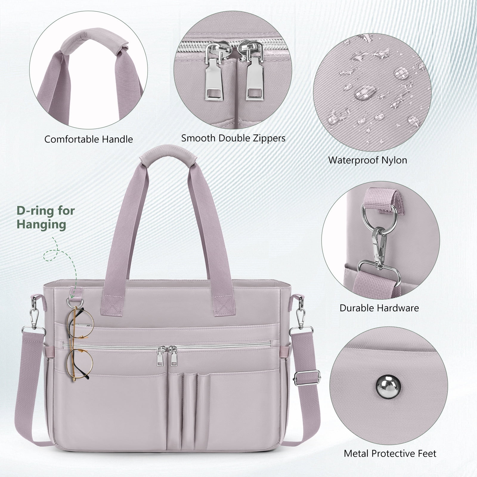 RAINSMORE Teacher Tote Bag for Women 15.6 Inch Laptop Briefcase with Clutch Bag, Nurse Bags Professional Work Handbag for Office College Nursing, Large Utility Tote Messenger Shoulder Bag,Grey Pink