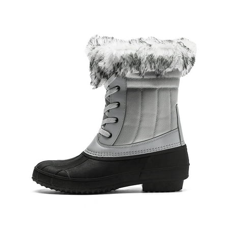 

Gomelly Womens Duck Boots Lace Up Ankle Boots Waterproof Booties Mid Calf Warm Plush Lined Snow Rain Boots Grey 5.5
