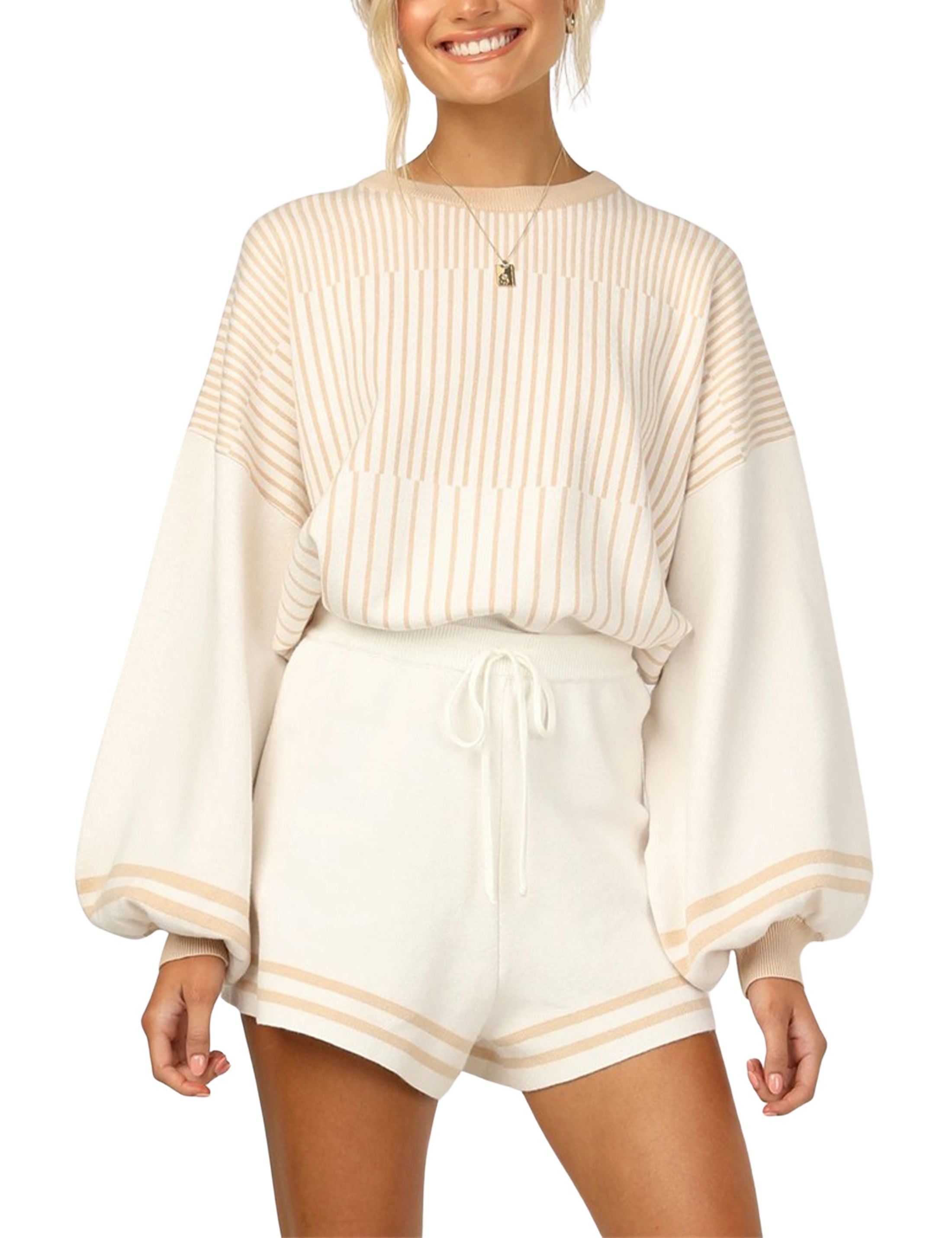 Lentta Women's 2 Piece Outfits Striped Knit Crewneck Pullover Sweater