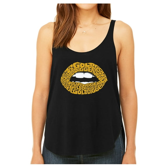 LA Pop Art Women's Premium Word Art Flowy Tank Top - Gold Digger Lips