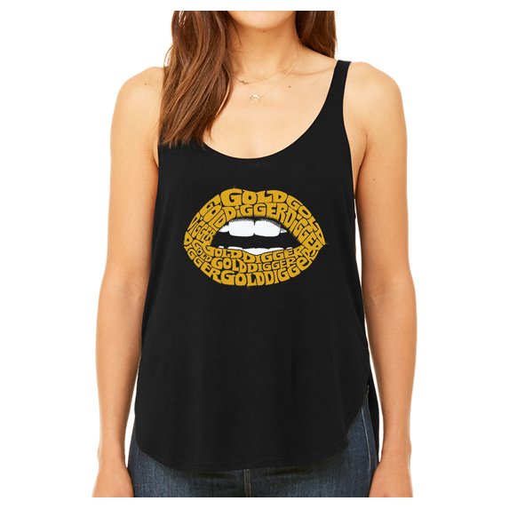 LA Pop Art Women's Premium Word Art Flowy Tank Top - Gold Digger Lips