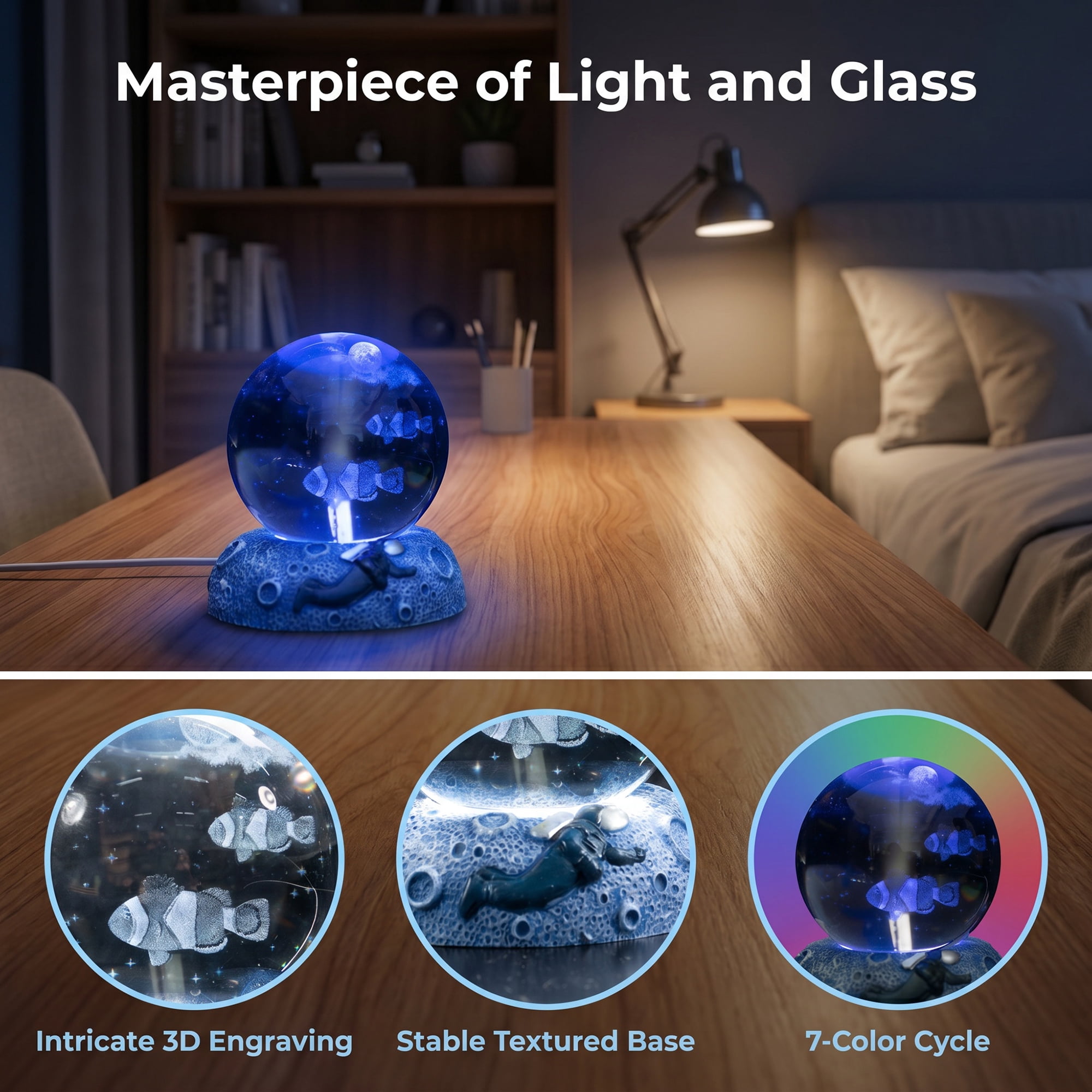 Unique Bargains Glowing Crystal Ball 3D Glass Ornament with LED Light Base Blue Style D