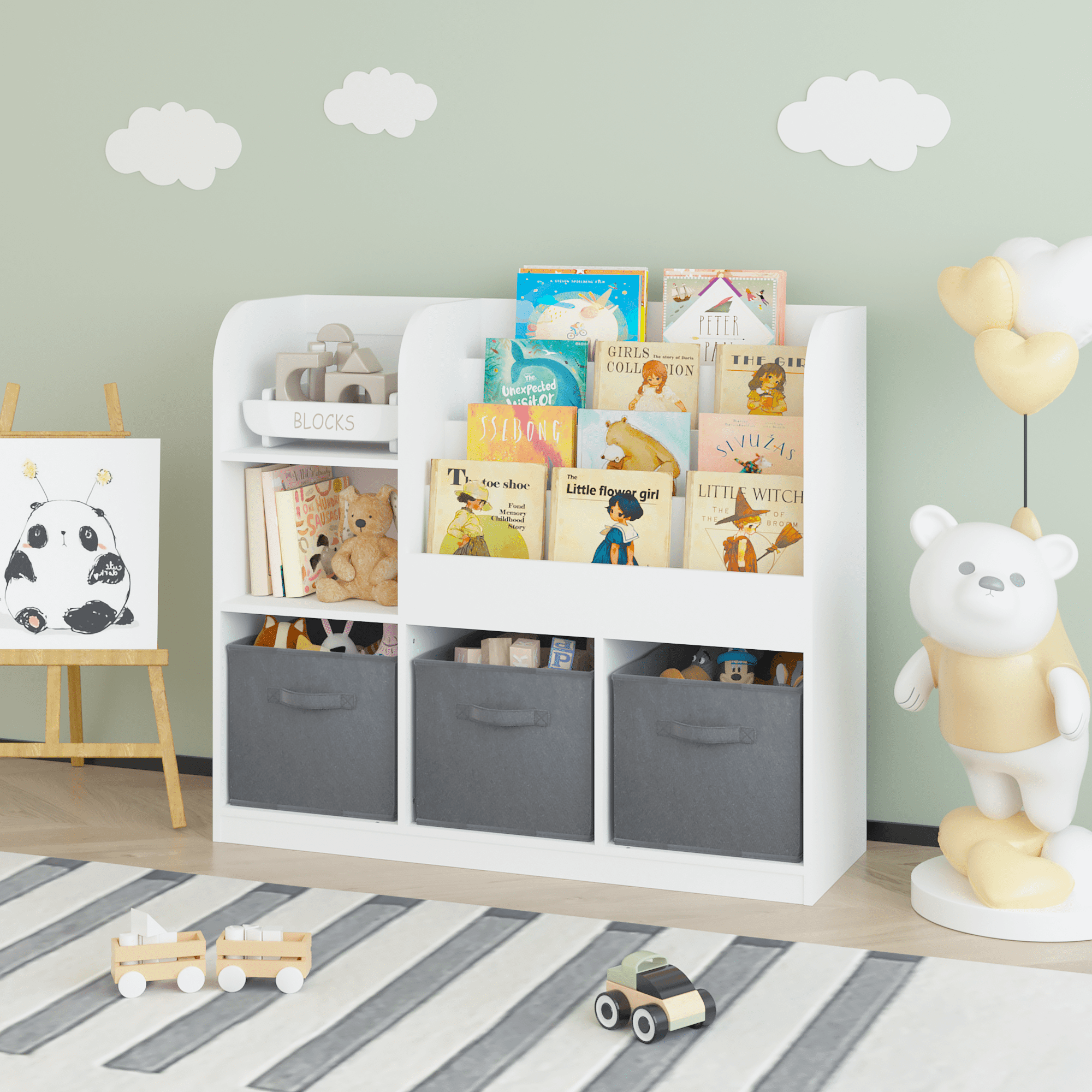 Kids Bookcase and Bookshelf, Multifunctional Bookcase with 3 Collapsible Fabric Drawers, Bookcase Display Stand, Toy Storage Organizer for Bedroom, Playroom, Hallway