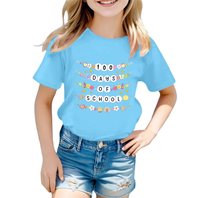 Icvfdpl T-Shirts Filles Rentrée Scolaire, T-Shirt Imprimé Col Rond Manches Courtes Respirant Mode Urbaine 3-4 Ans