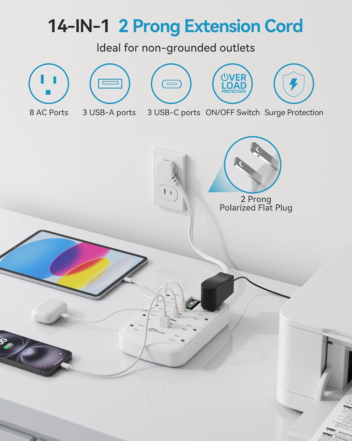 Short Extension Cord 1 ft - 2 Prong 1700J Appliance Surge Protetor with 15A 8 Outlets 6 USB (5V/4.8A 24W) Charging Ports, Multi Plug Wall Outlet Extender for Home Office Dorm Roomc, White