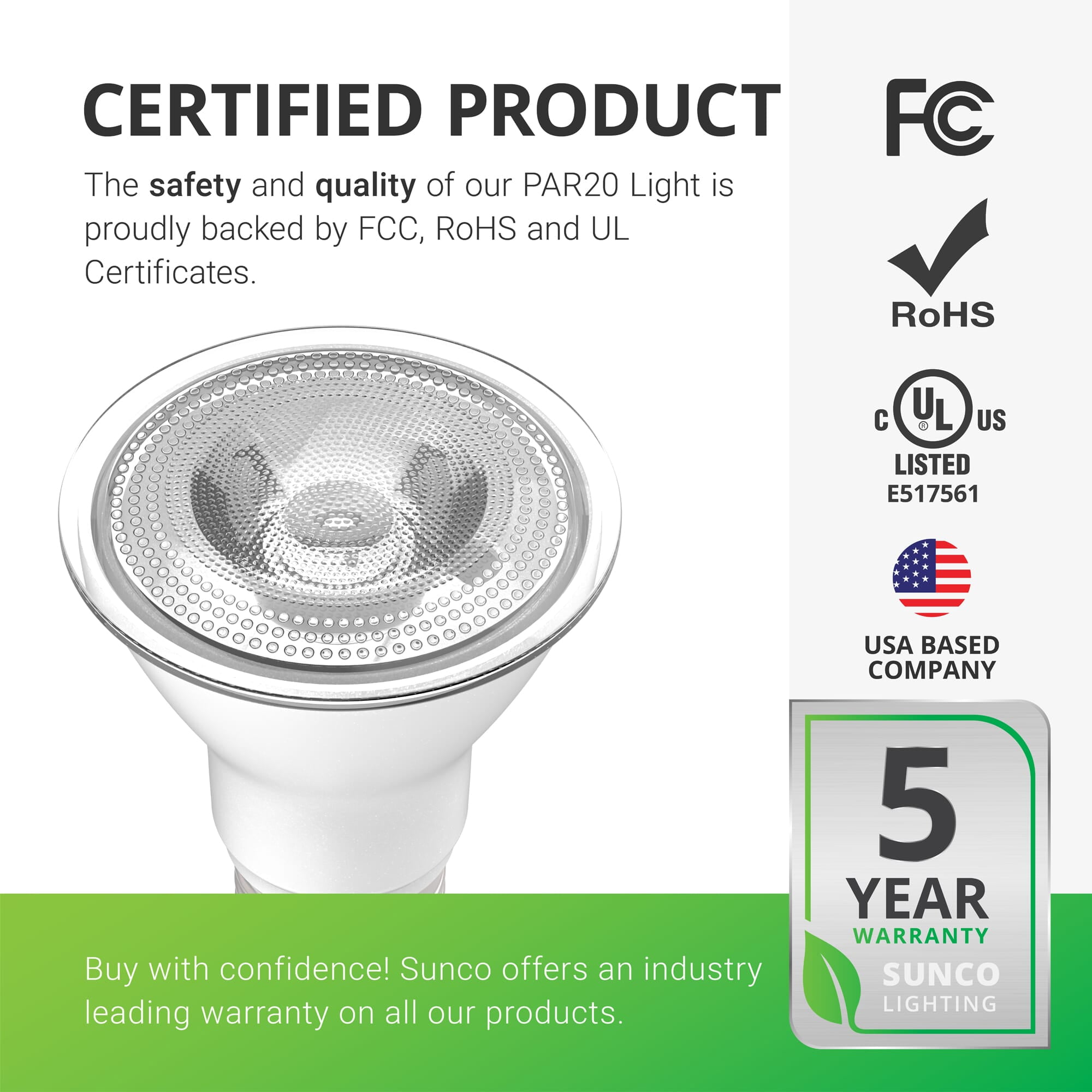 Sunco Lighting 10 Pack PAR20 LED Bulb, 7W=50W, Dimmable, 5000K Daylight, 470 LM, E26 Base, Indoor/Outdoor Spotlight, Waterproof - UL