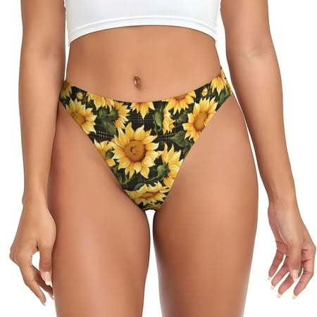 Qokaie Vintage Black Plaid Sunflower Printed Women s Cotton Thong Underwear  Sexy Breathable Panties G-string -XX-Large