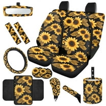 Jeiento Sunflower Car Seat Cover Full Set 14 PCS, with Steering Wheel Cover Seatbelt Pad Coasters Rubbish Bin Rear View Mirror Cover Armrest Cover Cushion Gear Shift Knob Cover Set Universal Fit