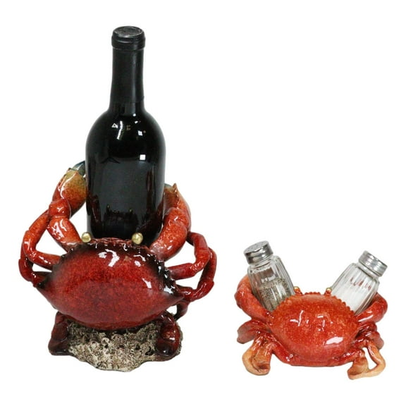 Set Of 2 Ocean Marine Stone Crab Wine Bottle And Salt Pepper Shakers Holders