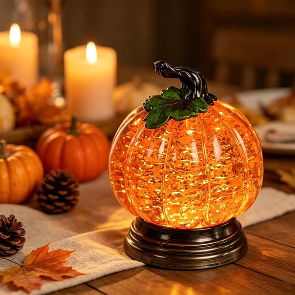 Halloween Cute Pumpkin Lamp, Thanksgiving Twinkling Pumpkins Ornament, Fall Pumpkin Snow Globes Light for Bedroom Living Room Office Balcony Decor