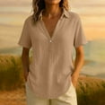 thumbnail image 2 of Avtoify Women's Fashion Casual Linen Solid Color Lapel Short Sleeve Button V-Neck Top, 2 of 7