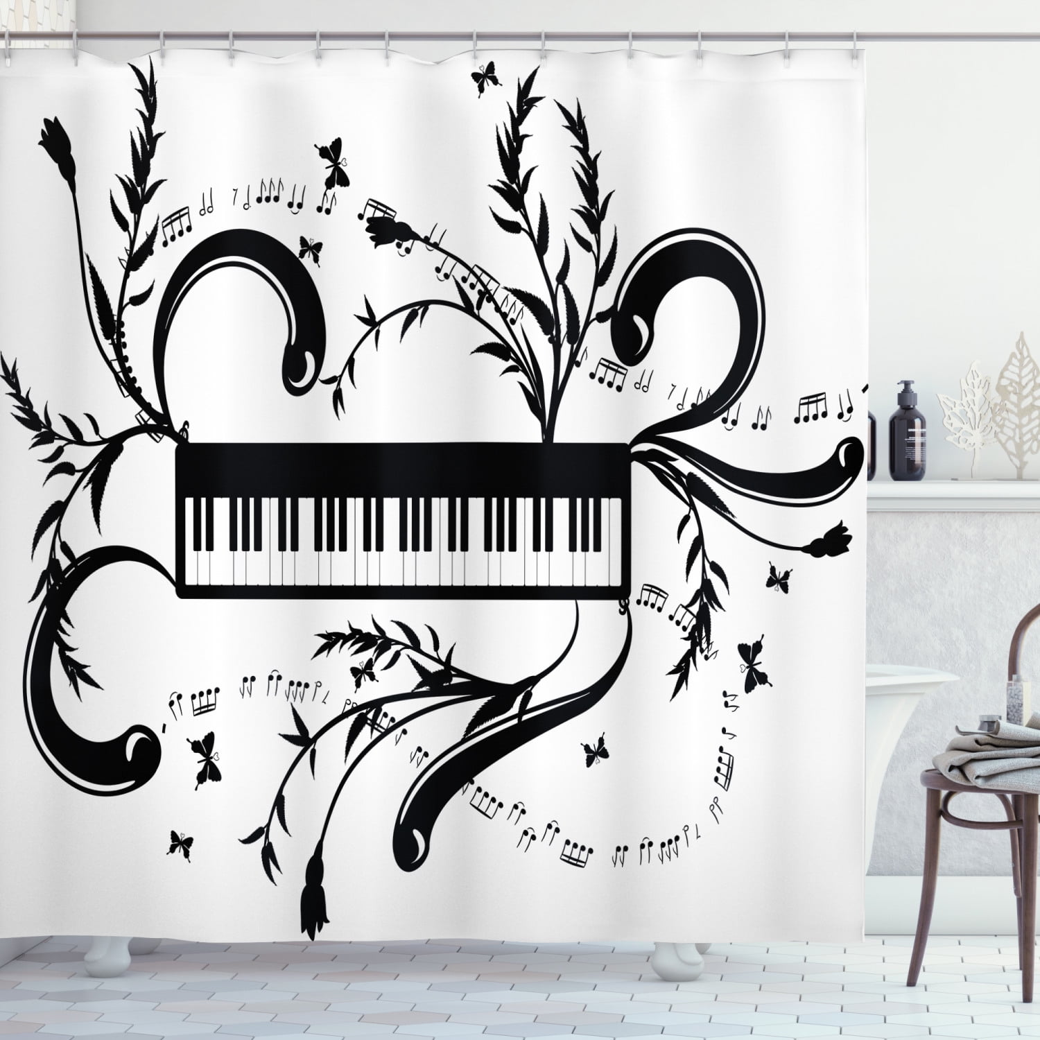 Music Note Shower Curtain, Electronic Musical Burst Effect with