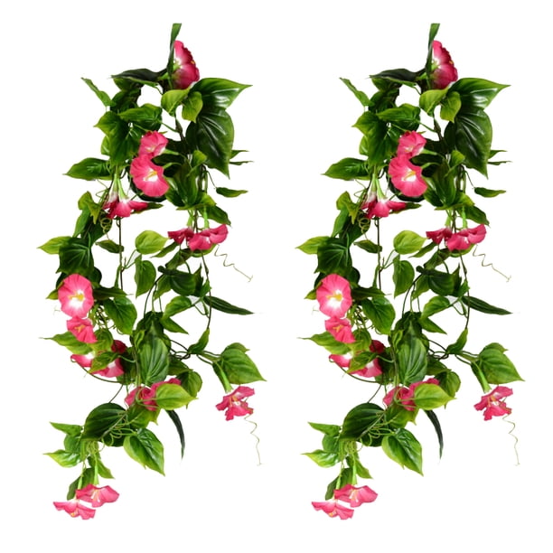 2 enredaderas artificiales de gloria de la mañana, plantas verdes colgantes, guirnalda de seda para el hogar, jardín, pared, valla, escalera, exterior, boda, cestas colgantes, decoración (rojo rosa)
