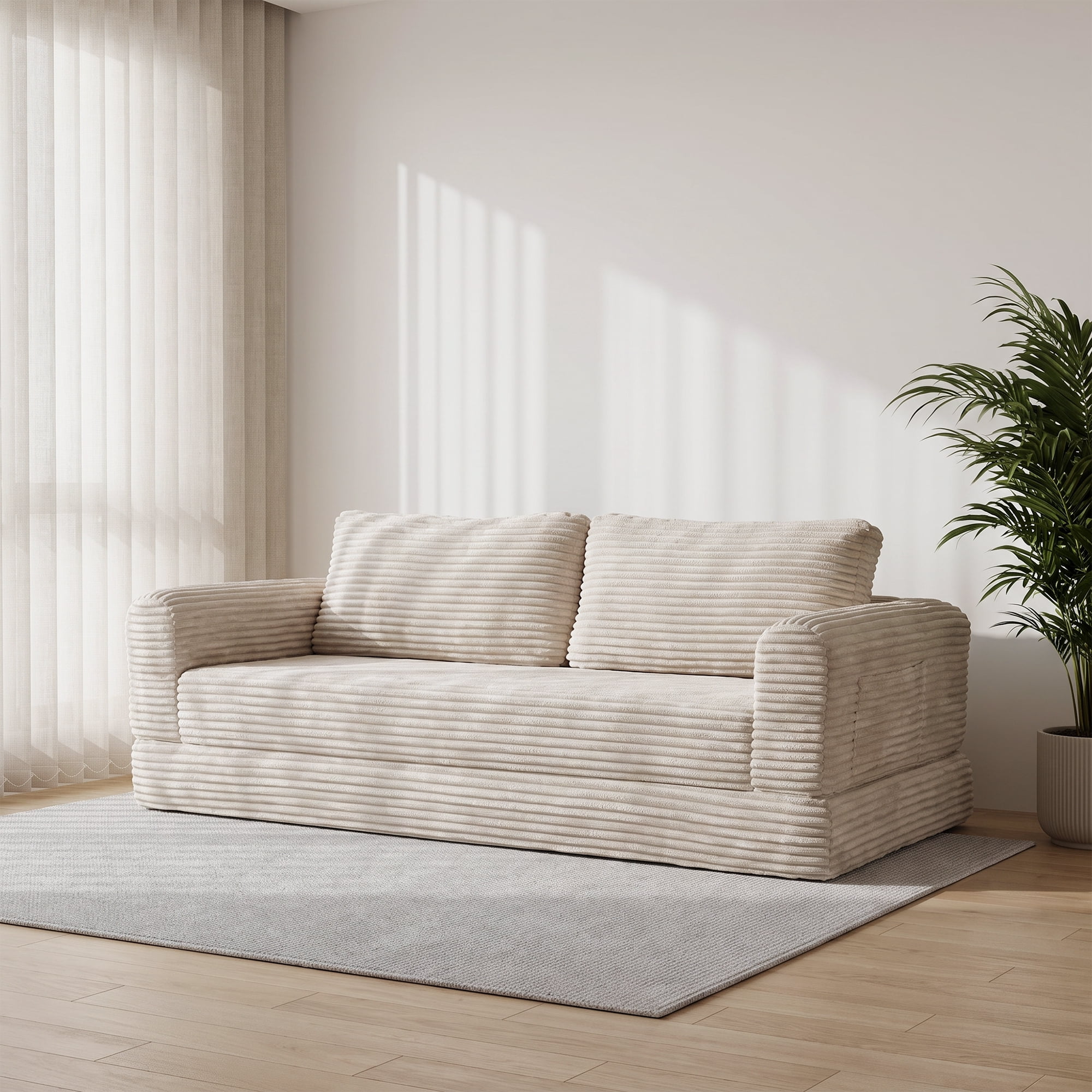 76" Convertible Futon Sofa Bed,Folding Boneless Floor Couch with Deep Seat,Cloud Corduroy Fold Out Sleeper Sofa with Memory Foam Cushion for Living Room,Bedroom,White