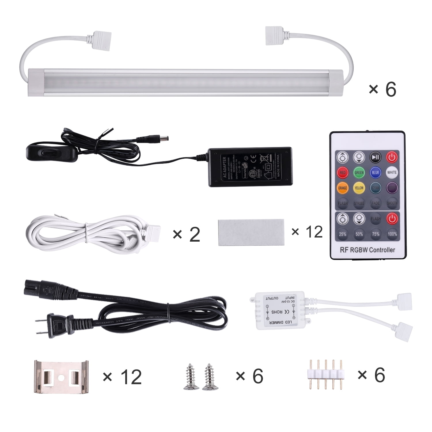 Linkable RGB Under Cabinet Lights - 6 Pack LED Closet Lighting with Remote and APP Control, 24V, 18W (RGB + Warm White) for Kitchen and Closet Use