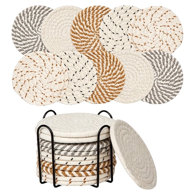 10Pcs Woven Coaster Set With Holder, Trivets for Hot Dishes, Hot Pots and Pans, Thick Heat Resistant Large Coaster for Kitchen, Hot Pads, Kitchen Essentials, Kitchen Decor for Table & Countertop, F