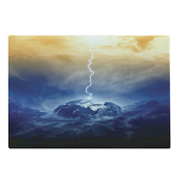 Nature Cutting Board, Vertical Shot of Big Bolt Hits Planet Earth Dramatic Sky Energy Atmosphere Art, Decorative Tempered Glass Cutting and Serving Board, Large Size, Yellow Blue, by Ambesonne