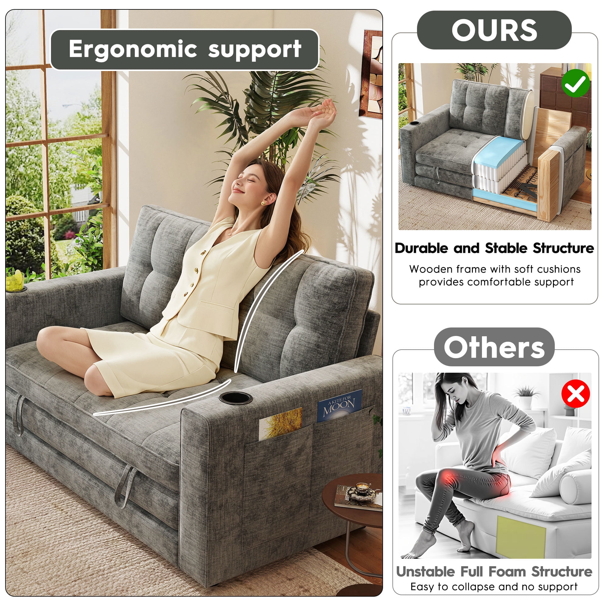 BedLuxury 55" Foldable Loveseat Futon Sofa Bed with Cup Holder & Storage Pocket, Sleeper Couch, Space Saving, Chenille Gray