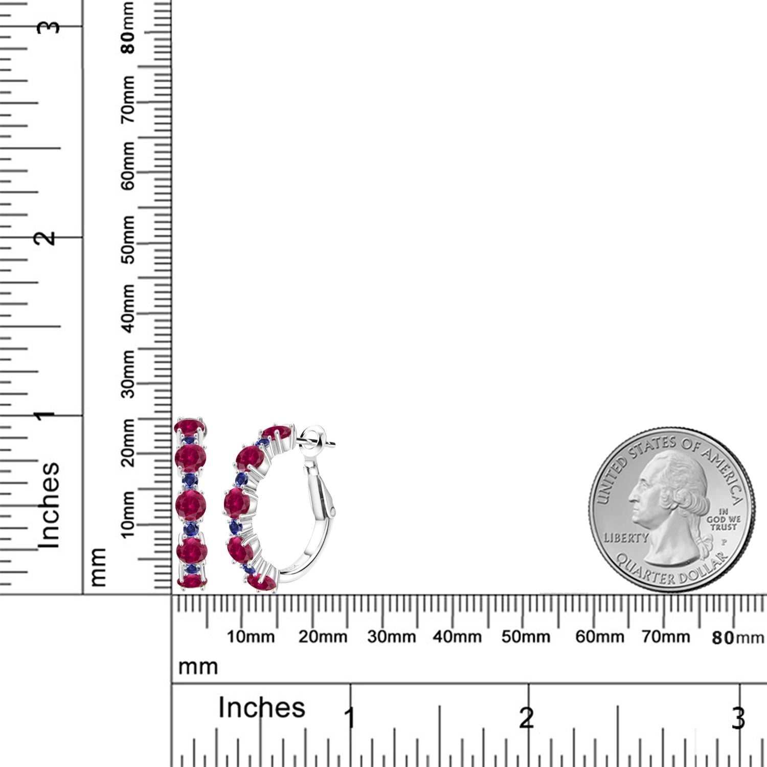 Gem Stone King 925 Sterling Silver Red Created Ruby and Blue Created Sapphire Hoop Earrings for Women (2.86 Cttw, Round 4MM and 1.9MM, Gemstone Birthstone 1 inch Diameter)